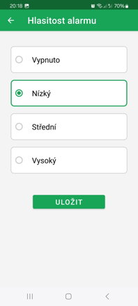 Prehľad sily alarmu - vypnutý, nízky, stredný alebo vysoký