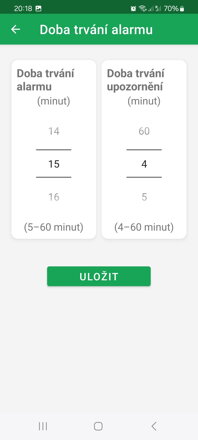Nastavenie doby trvania alarmu a varovania