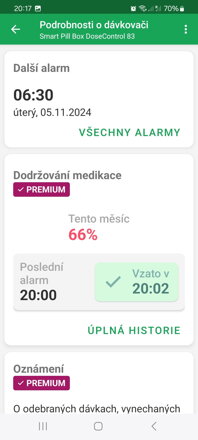 Prehľadné hlavné menu s indikáciou ďalšieho alarmu, percentuálnej zhody a stavu oznámenia