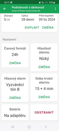 Hlavné menu s podrobnosťami o dávkovacom režime a nastavení dávkovača - formát času, sila alarmu, zvuk alarmu, doba trvania alarmu a stav batérie