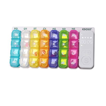 Veľký týždenný elektronický dávkovač liekov na 7 dní s inteligentným alarmom a LED displejom EDOSO – Model 2026 Slovenský