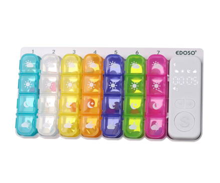 Veľký týždenný elektronický dávkovač liekov na 7 dní s inteligentným alarmom a LED displejom EDOSO – Model 2026 Slovenský